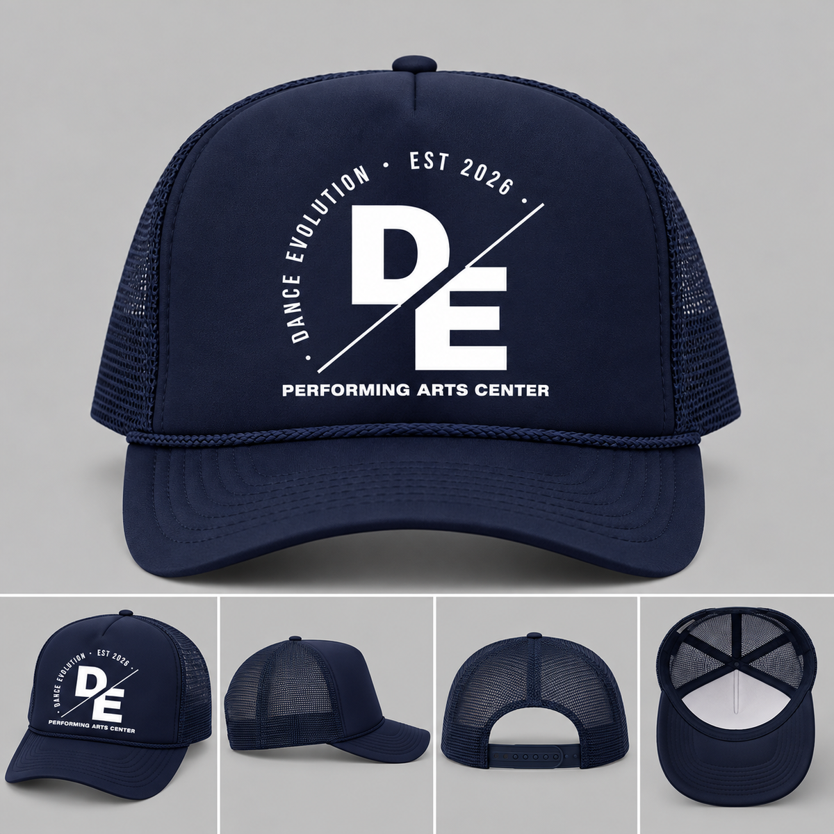 Dance Evolution navy foam trucker hat with white DE logo, multiple views