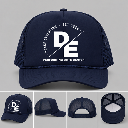 Dance Evolution navy foam trucker hat with white DE logo, multiple views