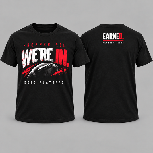 Prosper Red We're In 2026 Playoffs tee front and back square gray background